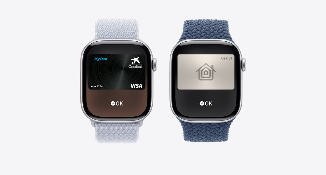 Tres modelos de Apple Watch Series 10. En la pantalla del primero se usa una Apple Card con Apple Pay, en la del segundo se usa un abono de transporte en la app Cartera y en la del tercero se usa una llave de casa en la app Cartera.