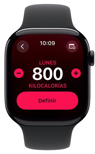 La pantalla de un Apple Watch muestra un objetivo de Movimiento de 800 calorías.