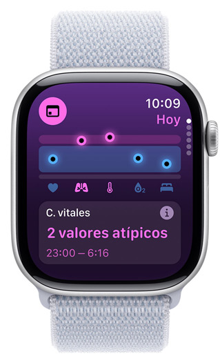 La pantalla de un Apple Watch muestra las constantes vitales nocturnas con dos valores atípicos