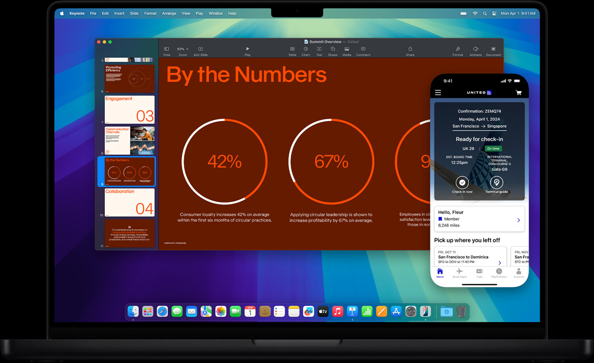 Die iPhone Synchronisierung wird mit einem iPhone Display auf einem MacBook Pro Display gezeigt ­− eine Person arbeitet an einer Präsentation in Keynote, während eine Aufforderung zum Check‑in für einen Flug auf dem iPhone Display erscheint