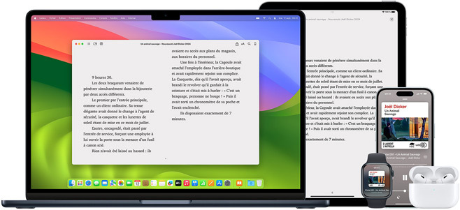 Le MacBook Pro et l’iPad Air affichent une page du même ebook dans l’app Livres. Les écrans de l’Apple Watch et de l’iPhone 15 affichent la couverture du même livre audio. Un boîtier d’AirPods Pro ouvert pour montrer les deux écouteurs AirPods Pro.