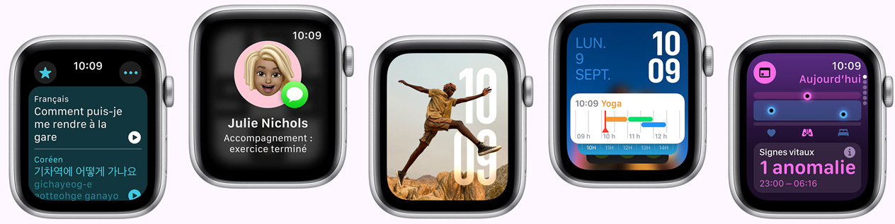 Cinq Apple Watch dont les écrans montrent l’app Traduire, l’app Accompagnement, le cadran Photos, le cadran Modulaire et l’app Signes vitaux.