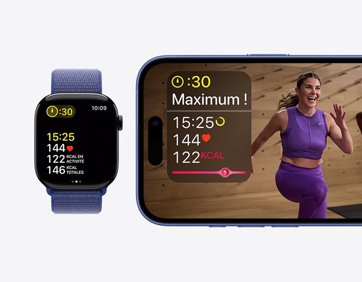 Un iPhone affiche un entraînement dans l’app Apple Fitness+ avec les mesures Durée, Fréquence cardiaque et Calories brûlées, et à côté, une Apple Watch Series 10 affiche également Apple Fitness+ avec le même entraînement et les mêmes mesures. 