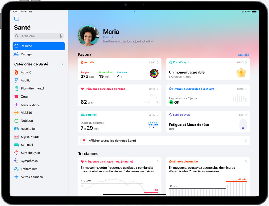 Résumé des données de santé d’une personne utilisatrice dans l’app Santé