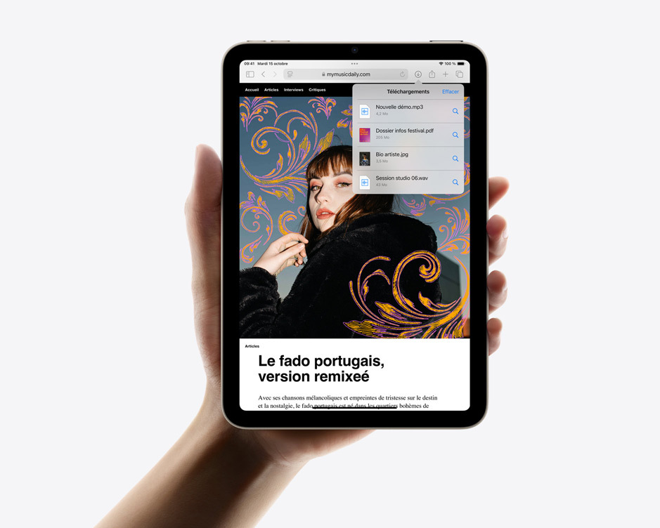 Une main tient un iPad mini en mode portrait qui affiche des téléchargements dans Safari.