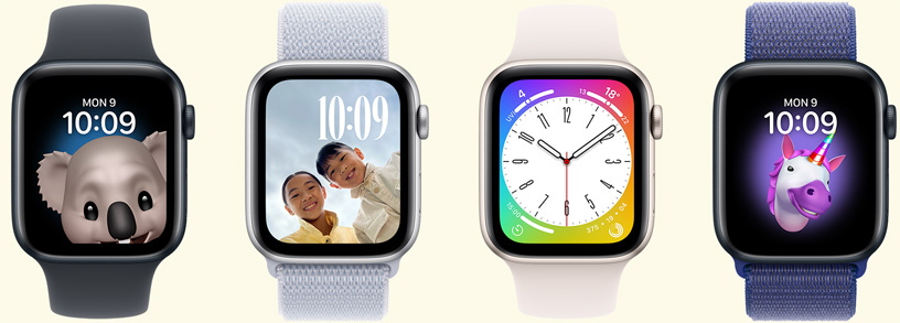 幾隻 Apple Watch，顯示各款好玩有趣的錶面。