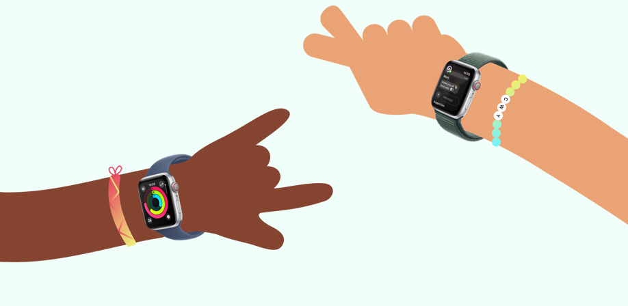 A cartoon child's arm wearing an Apple Watch SE showing Activity rings next to a cartoon child's arm wearing an Apple Watch SE showing the Messages app