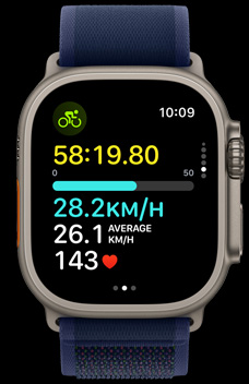 Apple Watch Ultra 2 demonstrating how fast a person is riding their bike.