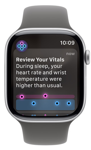 Apple Watch screen displaying and alert "Review Your Vitals"