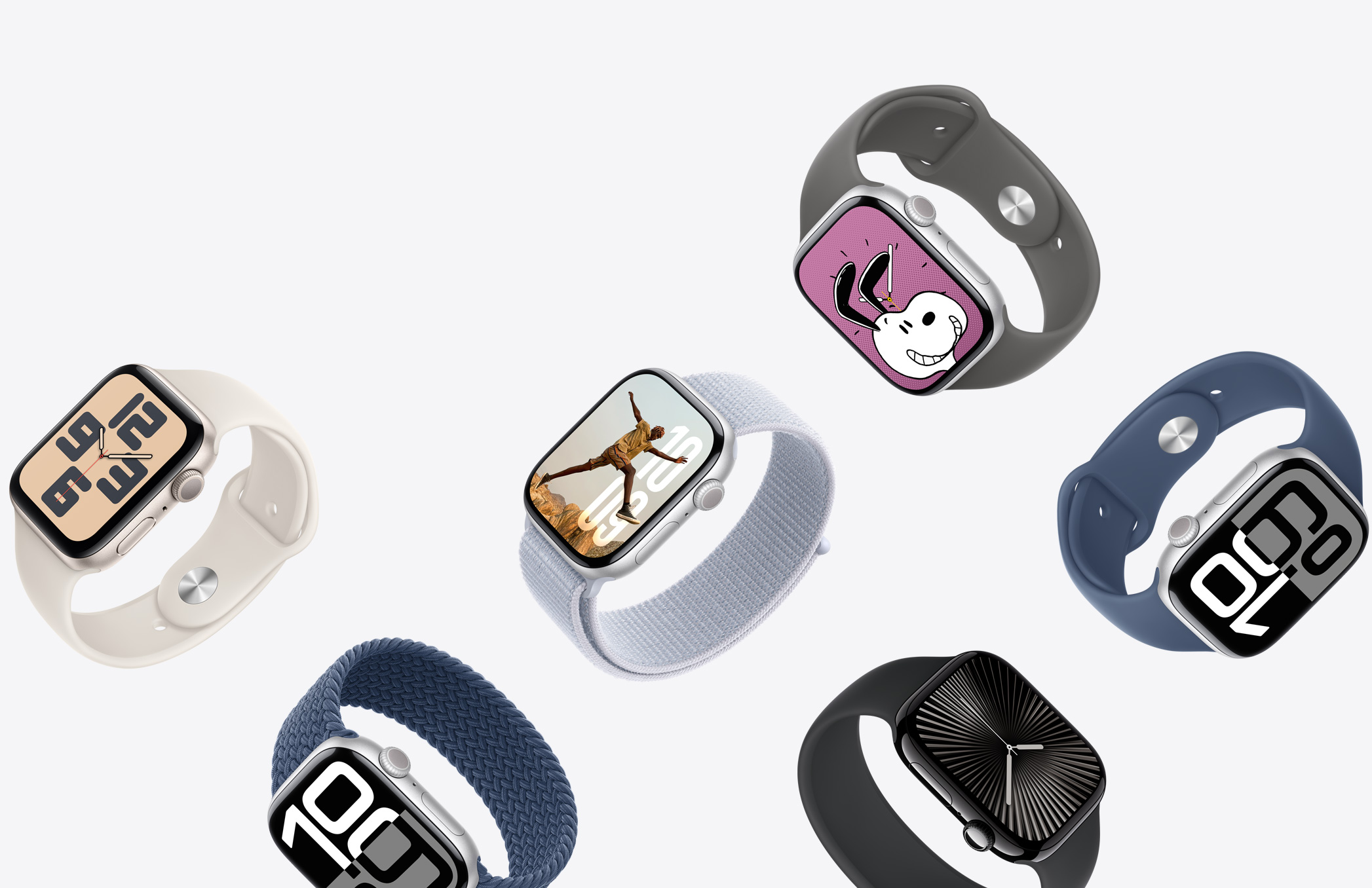 Pilihan perangkat Apple Watch dengan berbagai warna penutup serta beragam material dan warna tali jam.