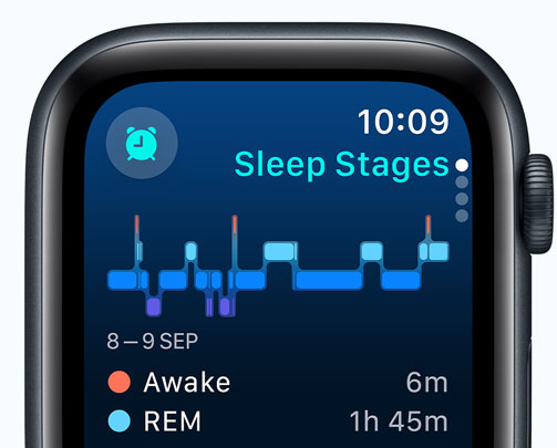 Sleep app screen displaying Sleep stages, minutes awake and minutes in REM sleep