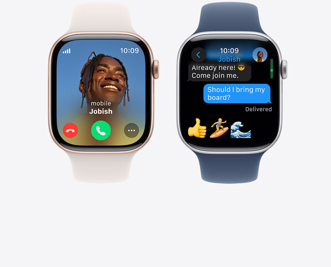 Front view of two Apple Watch Series 10 showing a call and a text message.