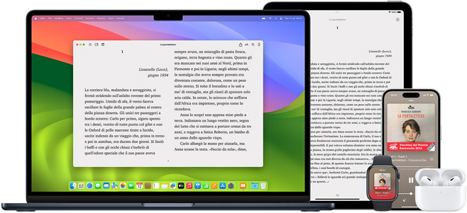 Un MacBook Pro e un iPad Air che mostrano una pagina dello stesso ebook nell’app Libri. I display di un Apple Watch e di un iPhone 15 che mostrano la copertina dello stesso audiolibro. Una custodia aperta che mostra entrambi gli auricolari AirPods Pro.