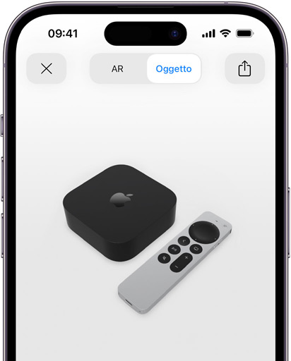 Una Apple TV 4K mostrata in realtà aumentata sul display di iPhone.