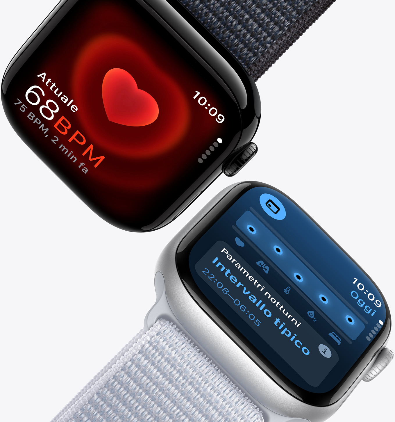 Un Apple Watch Series 10 con l’app Battito che mostra una frequenza cardiaca di 68 BPM e un’Apple Watch Series 10 con l’app Parametri Vitali che indica che i parametri notturni rilevati sono nella norma.