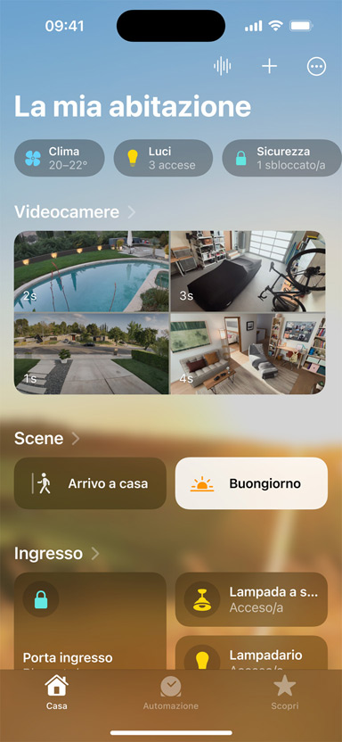 Un iPhone che mostra le sezioni La mia abitazione, Videocamere, Scene e Ingresso