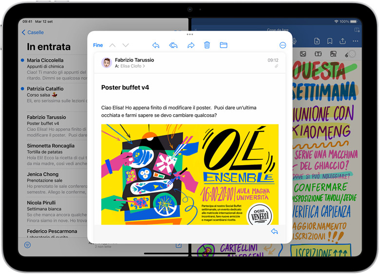 Schermata di iPad che mostra le app Mail e GoodNotes affiancate