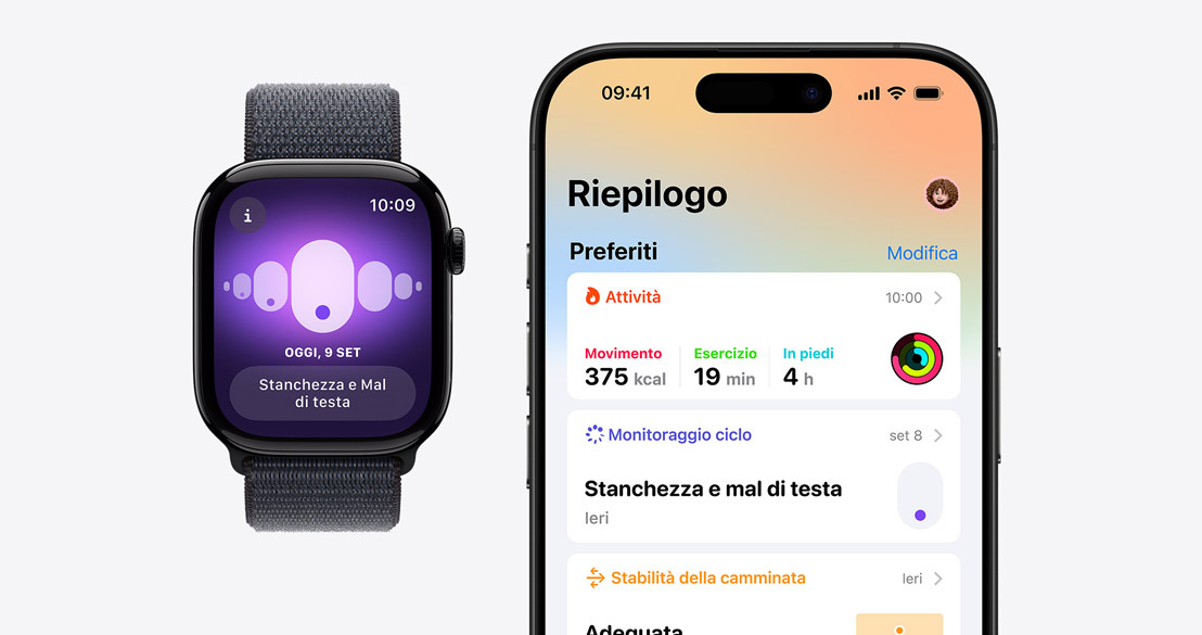 Un Apple Watch Series 10 con l’app Monitoraggio ciclo e un iPhone 16 Pro con l’app Salute che mostra le informazioni sul ciclo.