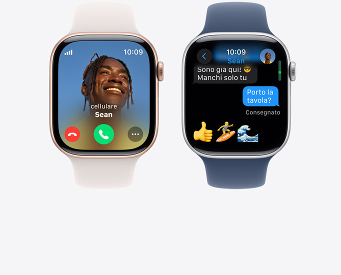 Due Apple Watch Series 10 visti di fronte che mostrano rispettivamente una chiamata e un messaggio.