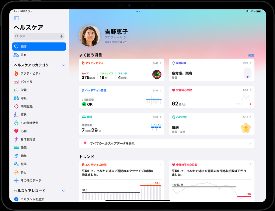 横向きのiPad Pro、ヘルスケアアプリが開かれ、ユーザーの概要画面が表示されている