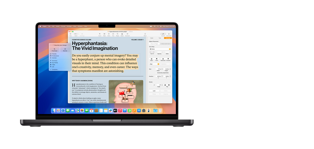 MacBook Air上のPagesの書類でApple Intelligenceの作文ツールを使っている。