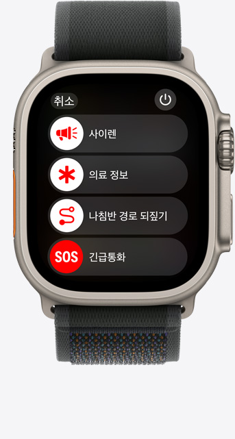 ‘사이렌’, ‘의료 정보’, ‘나침반 경로 되짚기’, ‘긴급 구조 요청’ 버튼을 보여주는 Apple Watch Ultra 2의 앞모습.