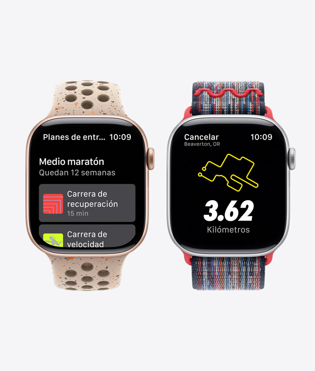 Dos dispositivos Apple Watch muestran funcionalidades de Nike Run Club: planes de entrenamiento y una ruta de la carrera.