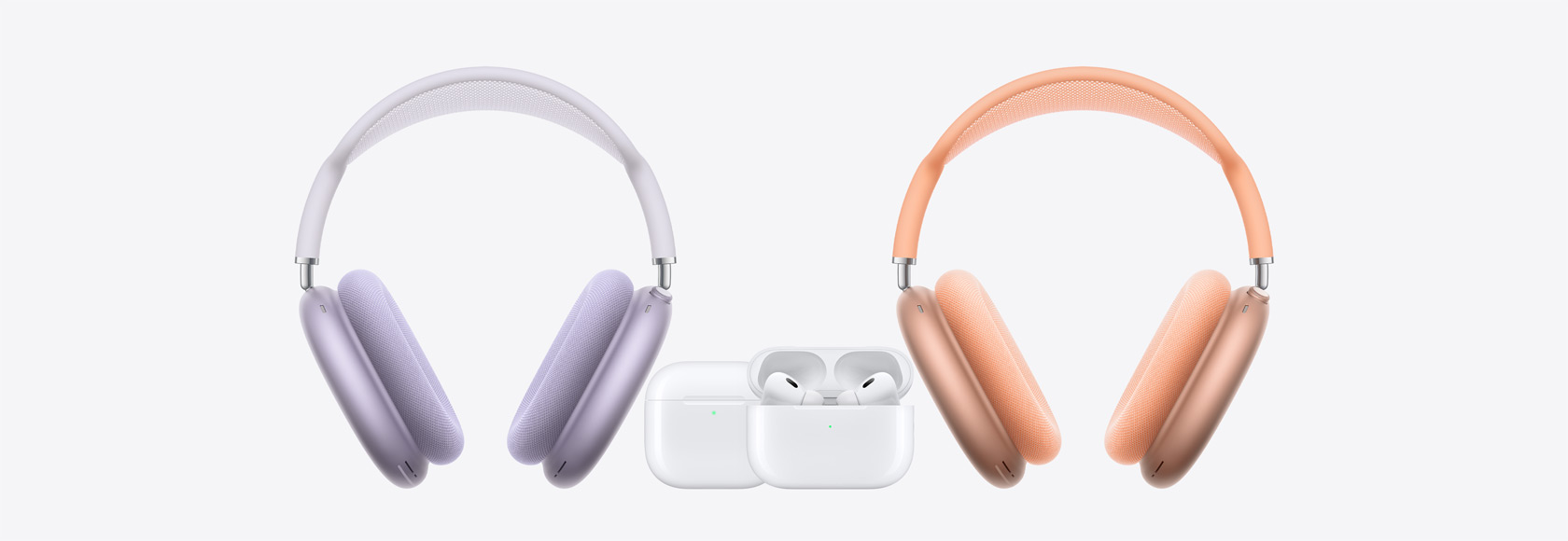 Two AirPods Max around AirPods 2nd Generation, AirPods 3rd Generation, and AirPods Pro 2nd Generation.