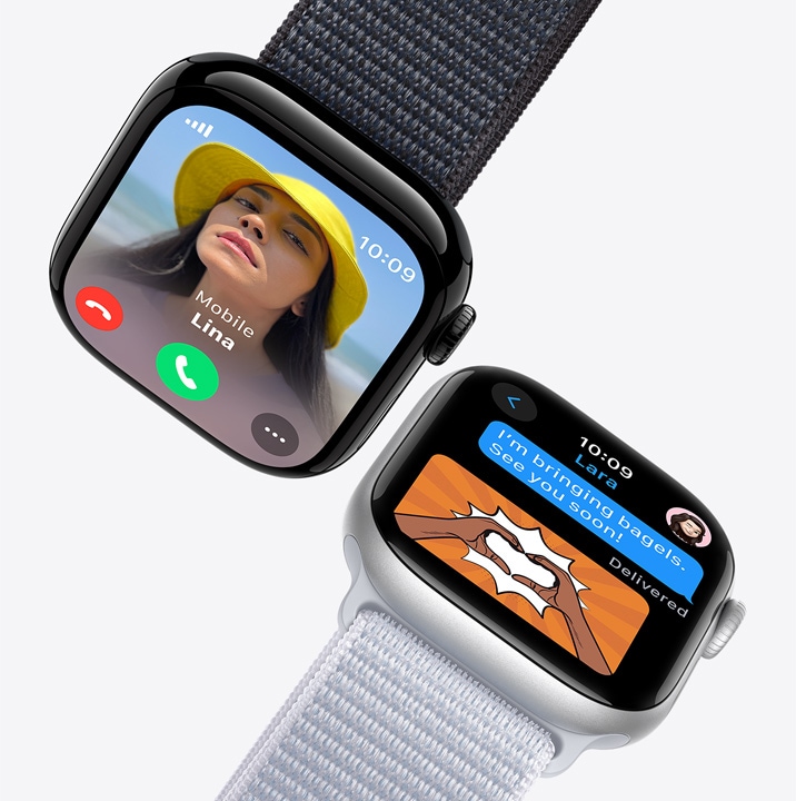 Two Apple Watch screens. The first shows an incoming call. The second shows a text message.