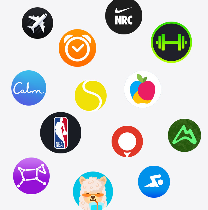 The icons of Apple Watch apps from the App Store. ChargePoint, Yelp, Nike Run Club, SmartGym, Calm, NBA, SwingVision, Oceanic+, WeChat, Waterllama, Golfshot, JetBlue, and AllTrails