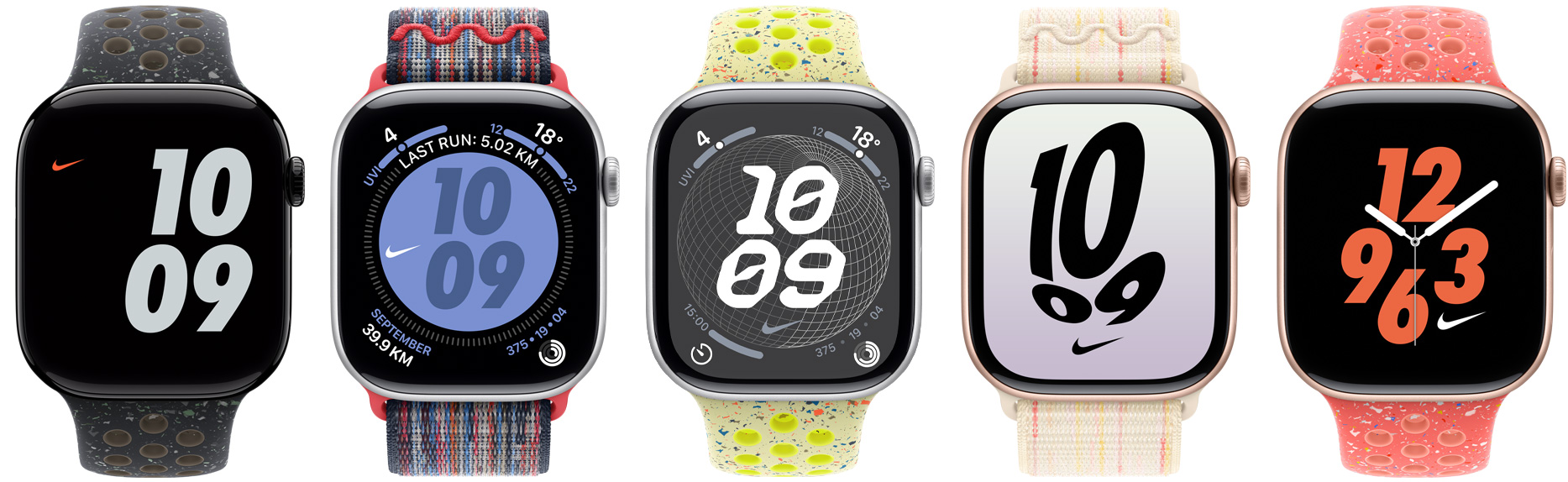 五款配上 Nike 運動錶帶及 Nike 運動手環的 Apple Watch 裝置，展示不同顏色的 Nike 錶面