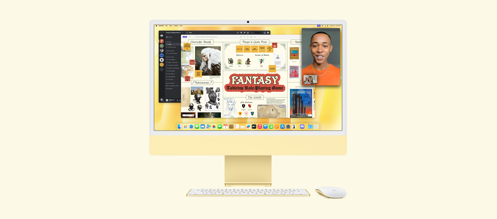 黃色 iMac，螢幕顯示在玩 Fantasy Tabletop Role-Playing 遊戲時，同時使用 Freeform、Discord 及 FaceTime app