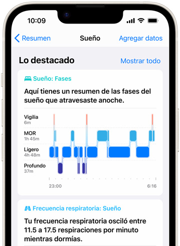 Un iPhone muestra las Fases del Sueño en la app Salud.