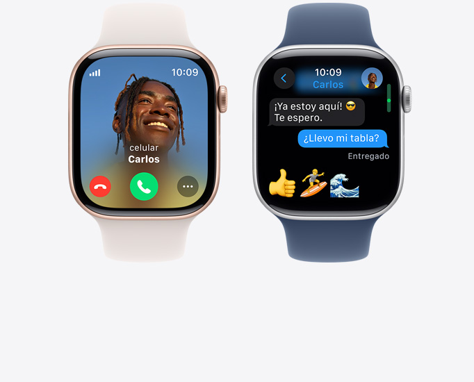 Dos Apple Watch Series 10, uno con una llamada y otro con un mensaje de texto en pantalla.