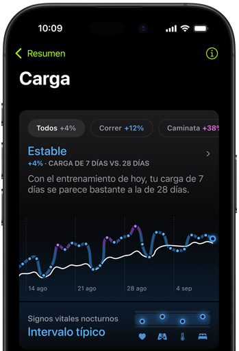 La pantalla de un iPhone muestra las métricas de carga de entrenamiento del último entrenamiento calificado.