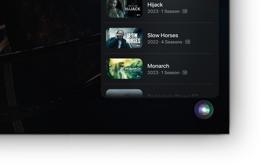 A flat-screen television showing list of Apple TV+ movies and shows