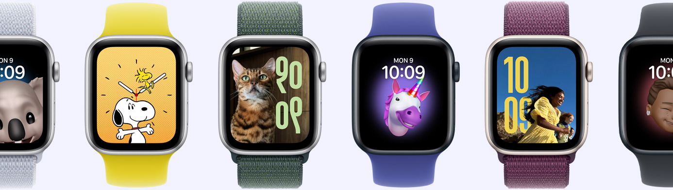 Six Apple Watch devices showing various watch face options, including Memoji, Photos, Portrait and Snoopy