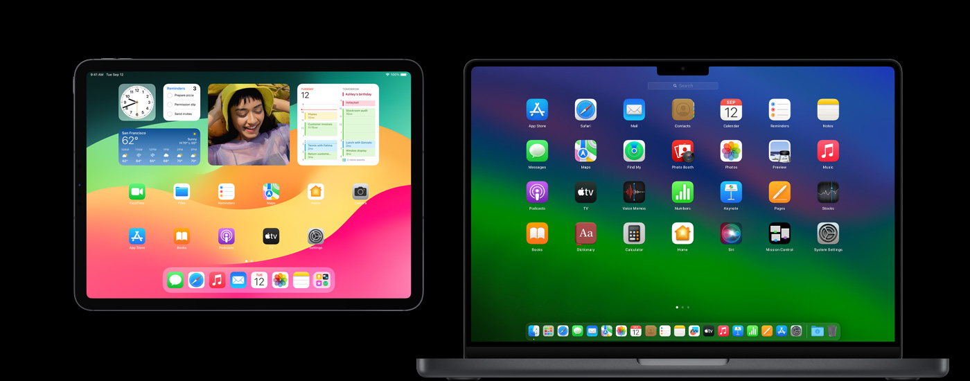 An iPad and a Mac displaying various app icons. The iPad shows several widgets, including Calendar, Weather and Photos.