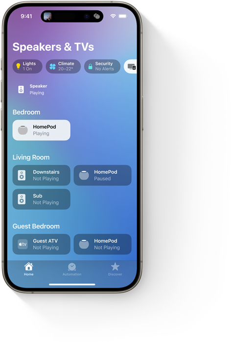 iPhone showing the Home app’s Speakers and TV UI