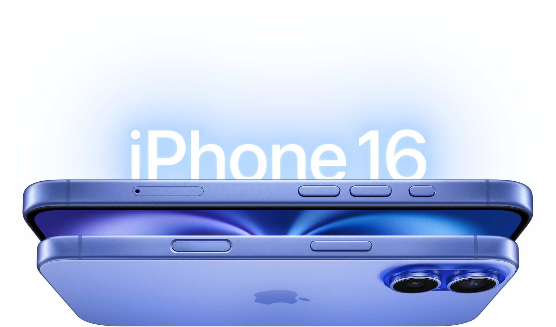 Two iPhone 16 models in Ultramarine, side exterior, side button, raised dual camera system.