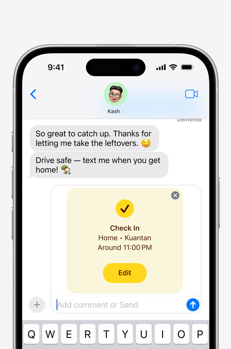 Text exchange showing "Check-in" safety feature.