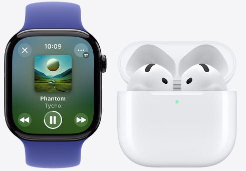 Apple Watch Series 10 playing a song next to AirPods 4.