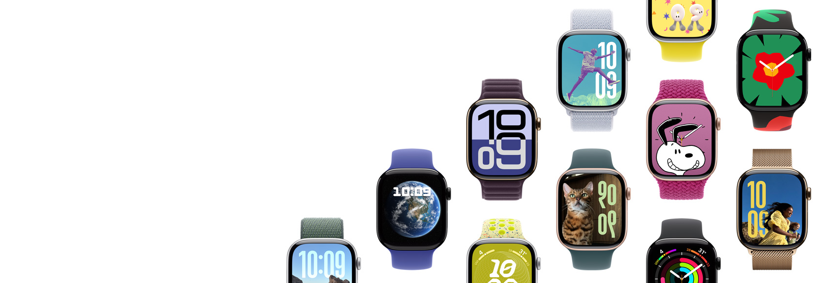 Many different case, strap and watch face combinations to show the possibilities.