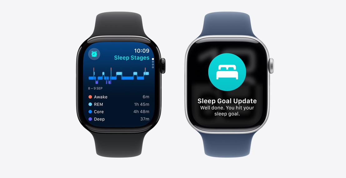 Two Apple Watch Series 10. The first shows Sleep Stages data. The second shows a Possible Sleep Apnea notification.