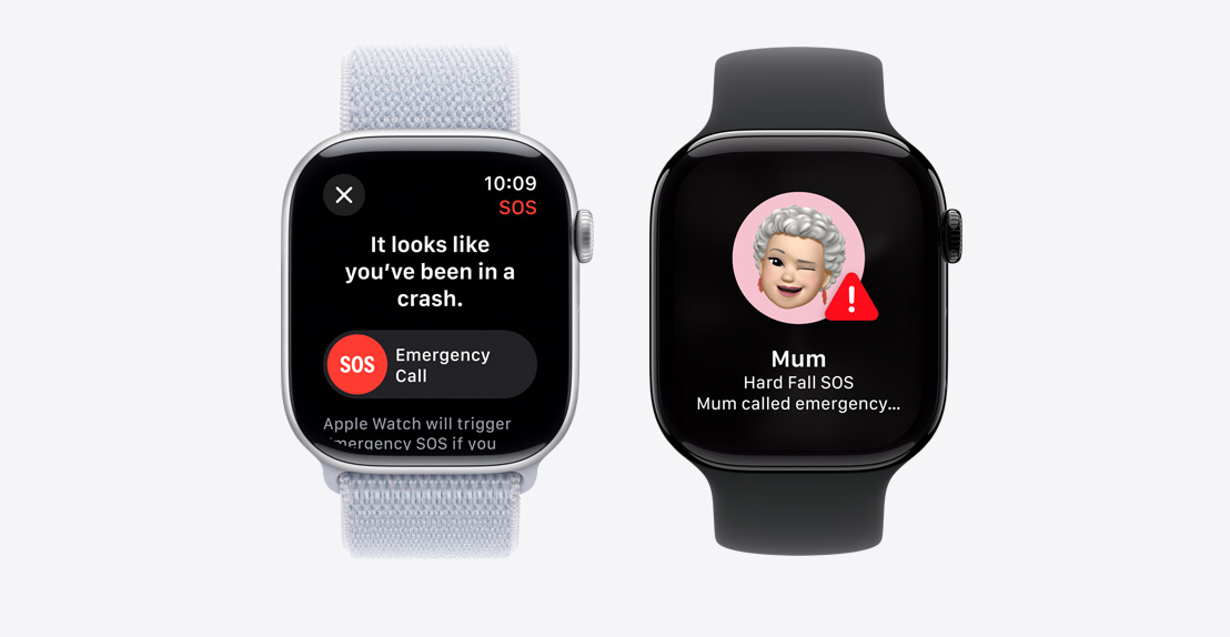 Two Apple Watch Series 9. The first shows a fall detected screen where emergency services are being called. The second shows that “Mum” had a hard fall detected where emergency services were called.