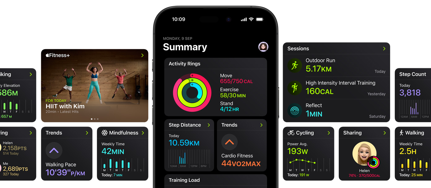 An iPhone in the centre of several screens showing customisation options for the Summary page in the Fitness app.