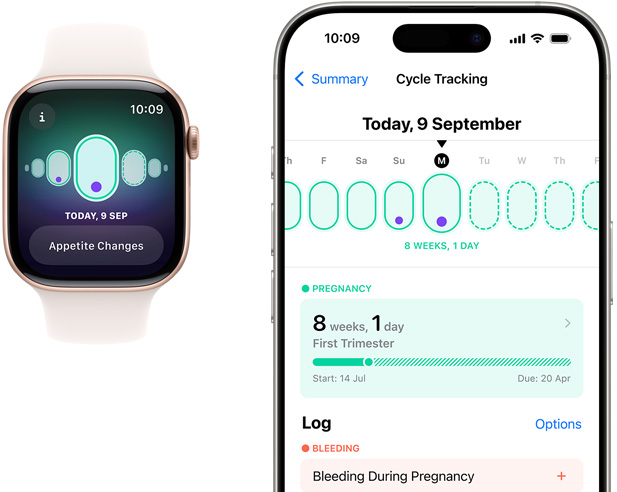 An Apple Watch screen displays pregnancy tracking with the symptom “Appetite Changes”. An iPhone screen displays gestational age and pregnancy tracking in the Cycle Tracking app.