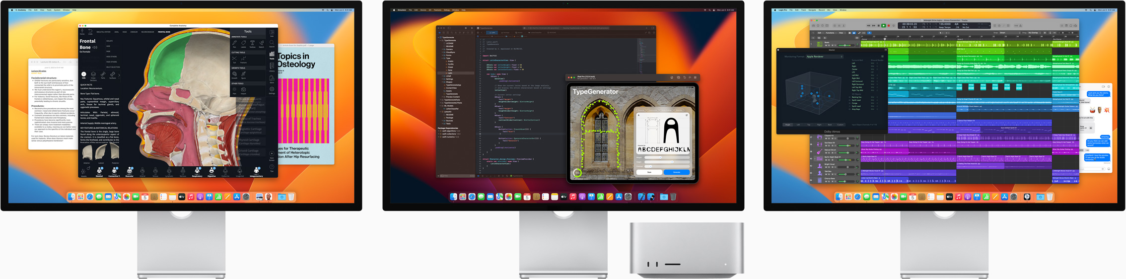 Mac Studio i trzy monitory Studio Display z różnymi aplikacjami widocznymi na ekranach