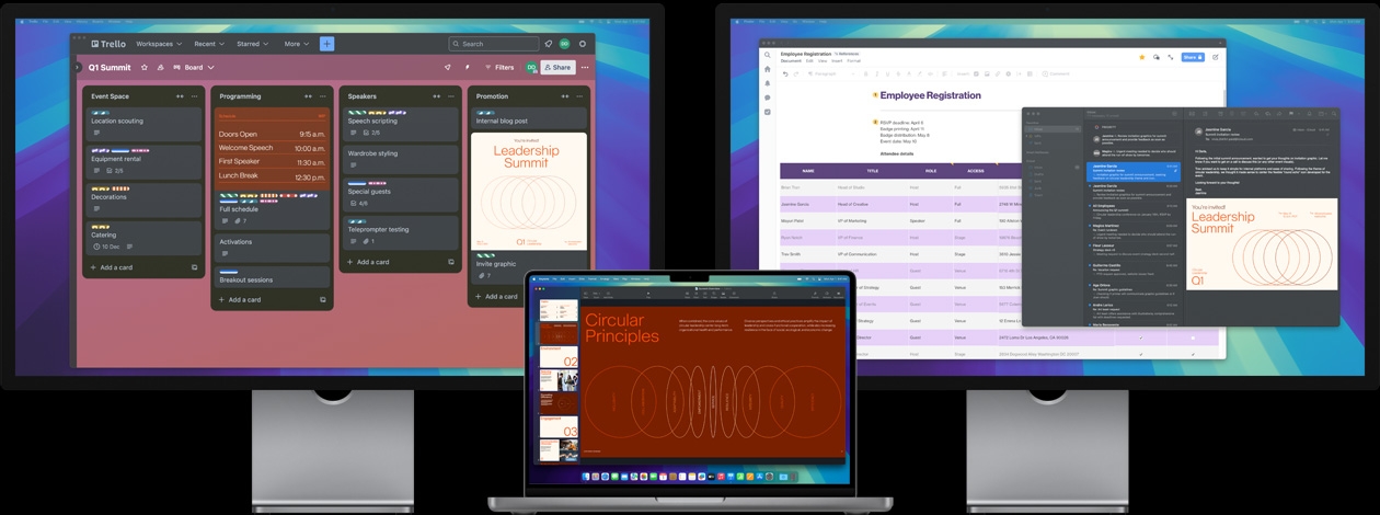 MacBook Pro cu două Studio Display-uri - pe ecran, un utilizator se pregătește pentru o conferință de leadership, urmărind sarcinile în aplicația Trello, pregătind o prezentare și verificând fișierele de design prin e-mail