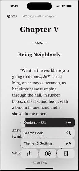 iPhone screen displaying a book page in the Books app. Overlaid on the book page, options for enlarging text, Search Book and Themes & Settings on the screen are shown